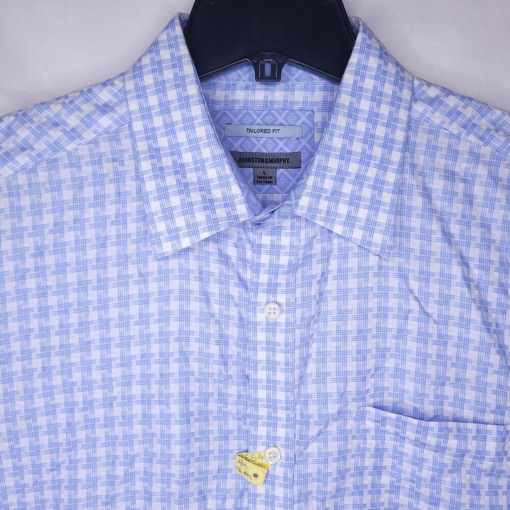 Johnston Murphy Shirt Mens Large Check Blue, White Tailored Fit Cotton